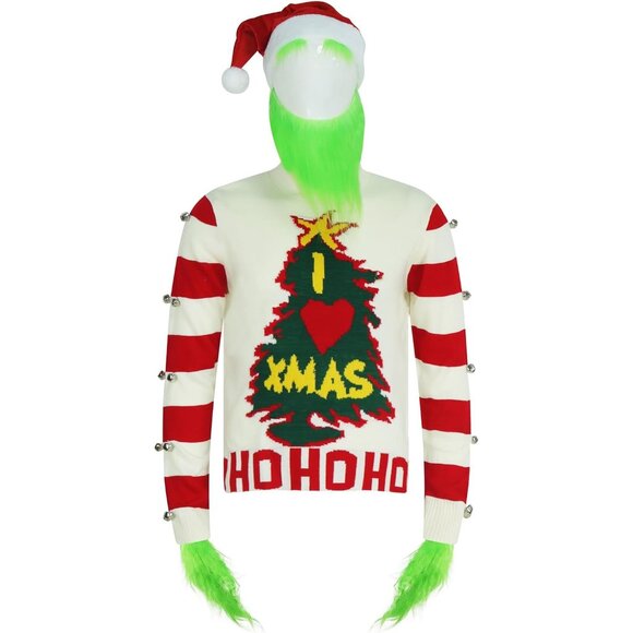 Women’s Christmas Sweater Cute Ugly Striped Knit Long Sleeve with Hat Gloves - Picture 2 of 6